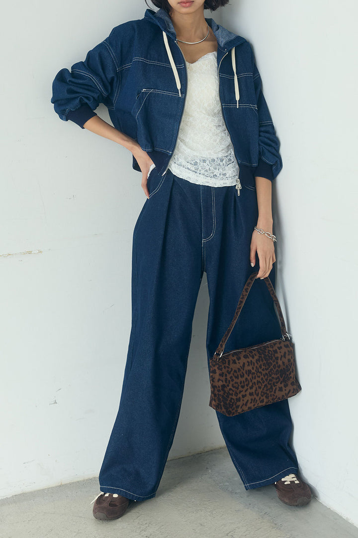 [SET]デニムダブルジップパーカーブルゾン+デニムタックカーブパンツ(2set)