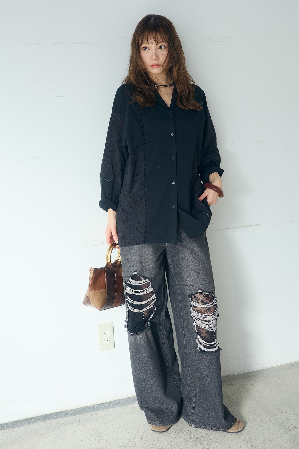 SET]ローンレースオープンカラーシャツ+デニムレース付きワイドパンツ