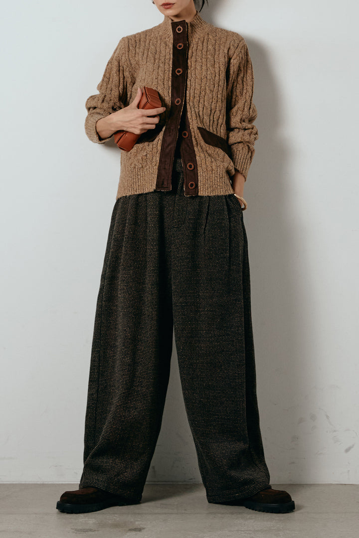 [SET]ボトルネックケーブルニットカーディガン+起毛タック入りツイードワイドパンツ(2set)