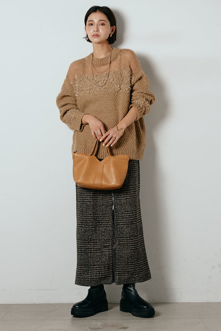 [SET]パターンランダム編みニットトップス+グレンチェック柄フロントジップタイトスカート(2set)