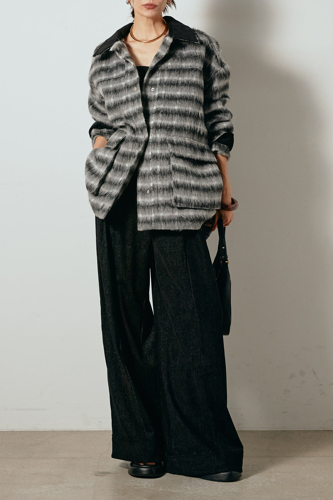 [SET]チェックシャギーミドルカバーオール+フェイクレザーベルト付きスウェードライクワイドパンツ(2set)