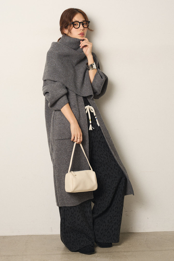 [SET]ケープレイヤードロングカーディガン+レオパードジャガードニットパンツ(2set)