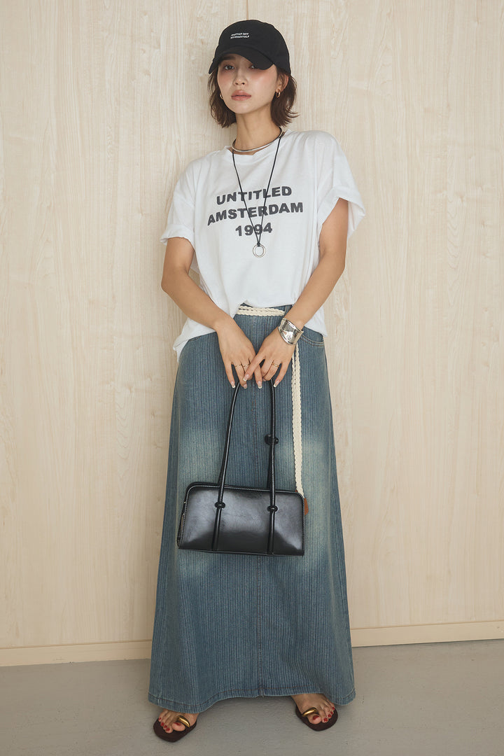 [SET]英字フロントロゴプリントTシャツ+ベルト付きデニムタイトスカート(2set)