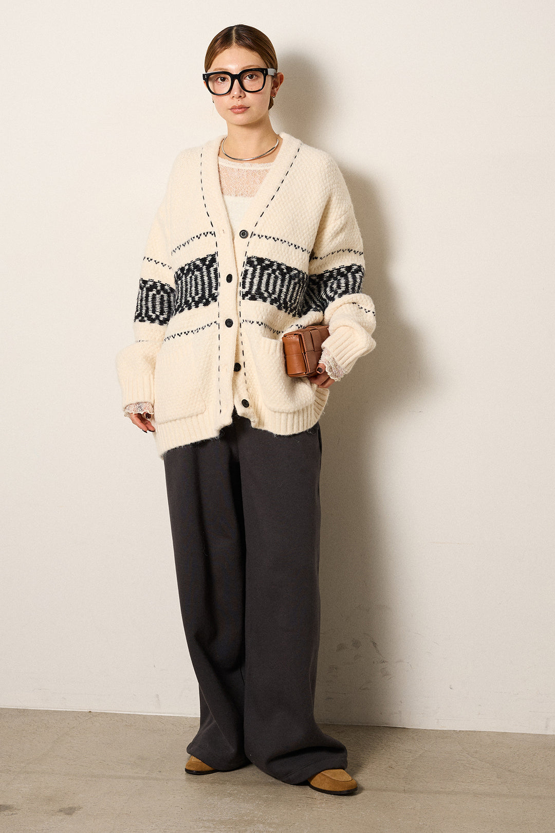 [SET]ライン柄ステッチニットカーディガン+2WAY袖コード刺繍クルーネックプルオーバー(2set)