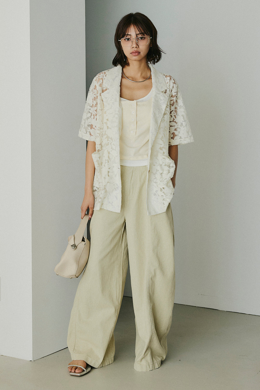 [SET]シアージャガードハーフスリーブテーラードジャケット+配色ヘンリーネックタンクトップ(2set)