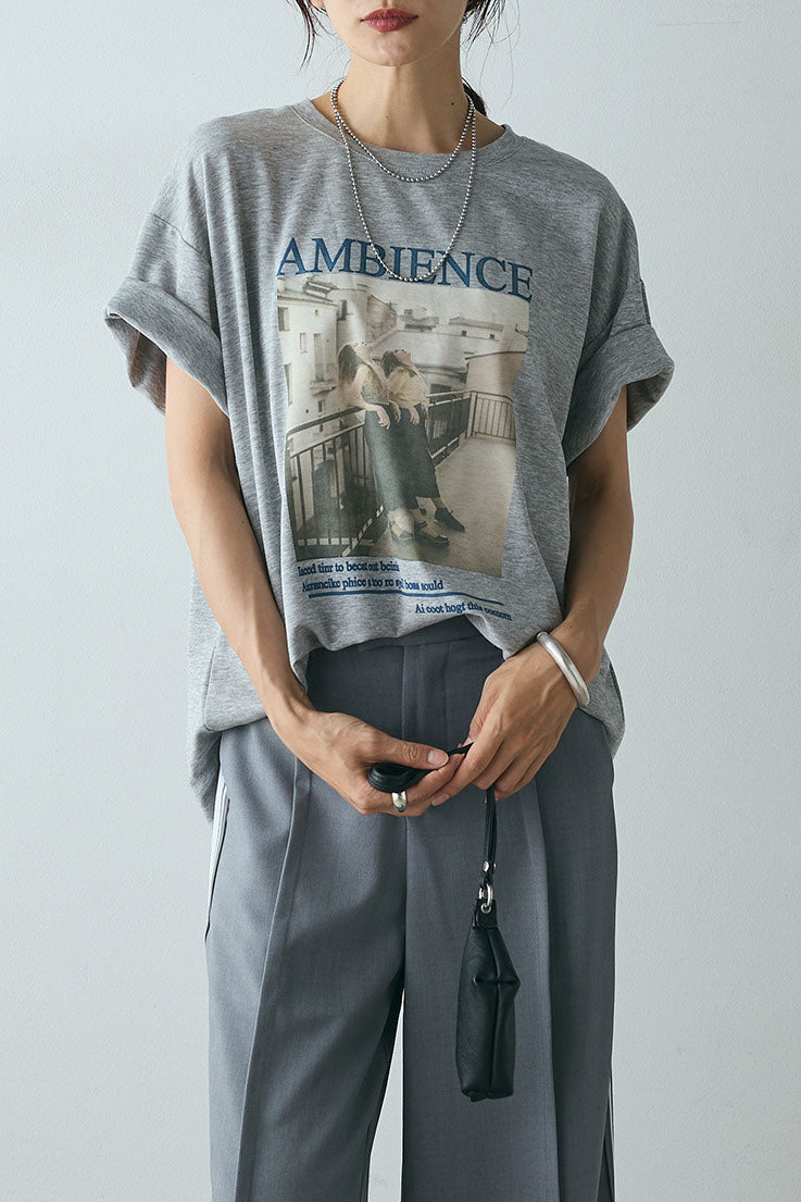 [SET]AMBIENCEフォトプリントTシャツ+サイドラインワイドスラックスパンツ(2set)