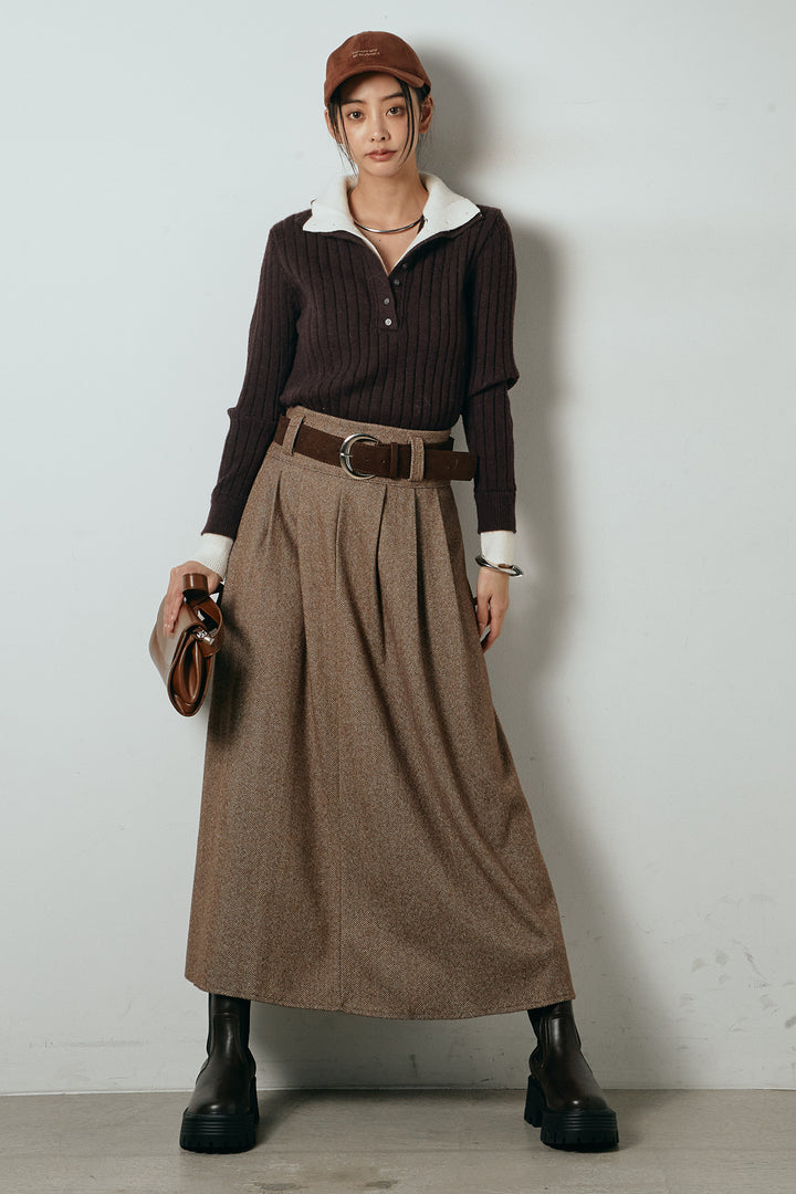 [SET]レイヤード風リブニットトップス+太ベルト付きヘリンボーンプリーツスカート(2set)