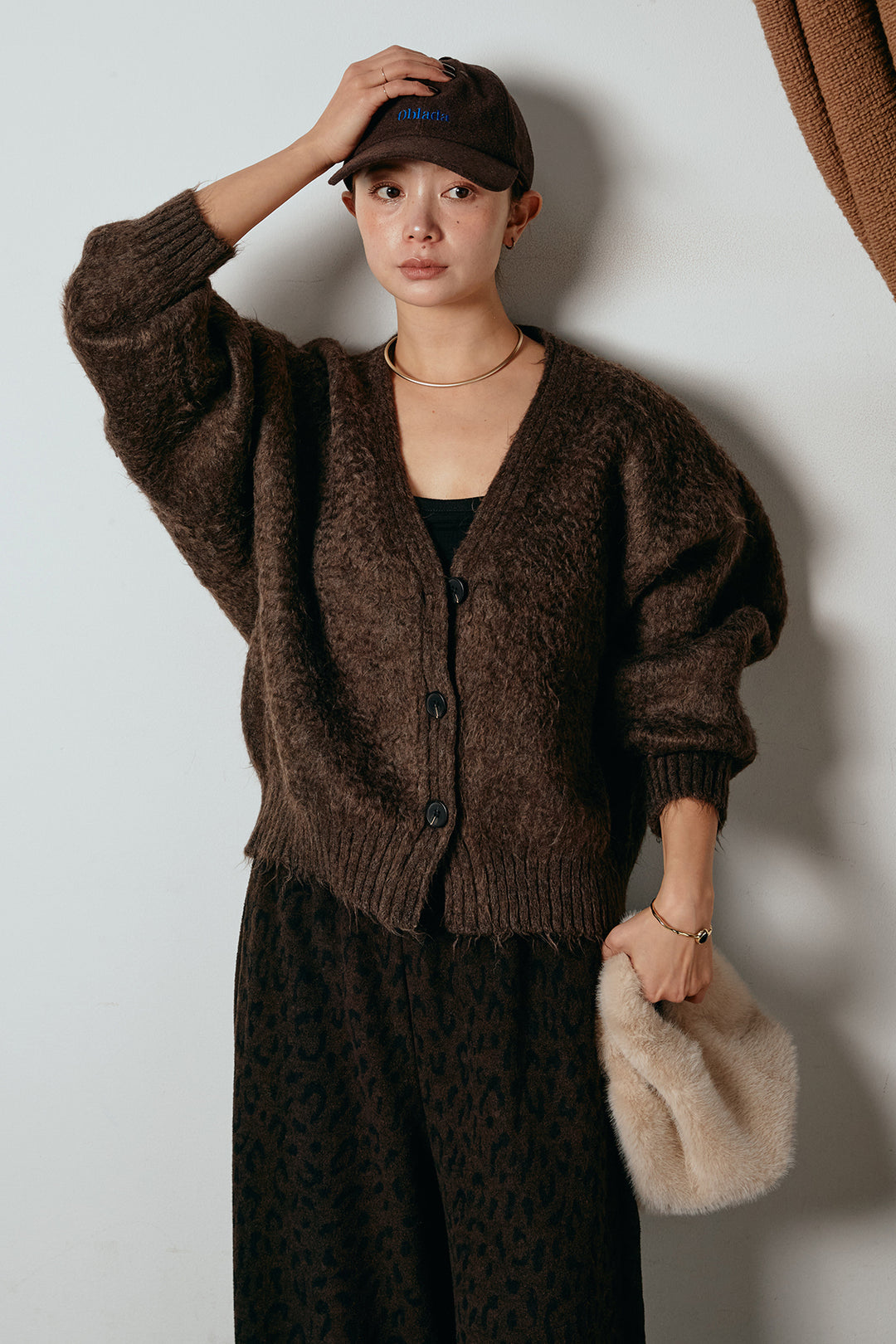 起毛ボタンニットカーディガン/コーヒー