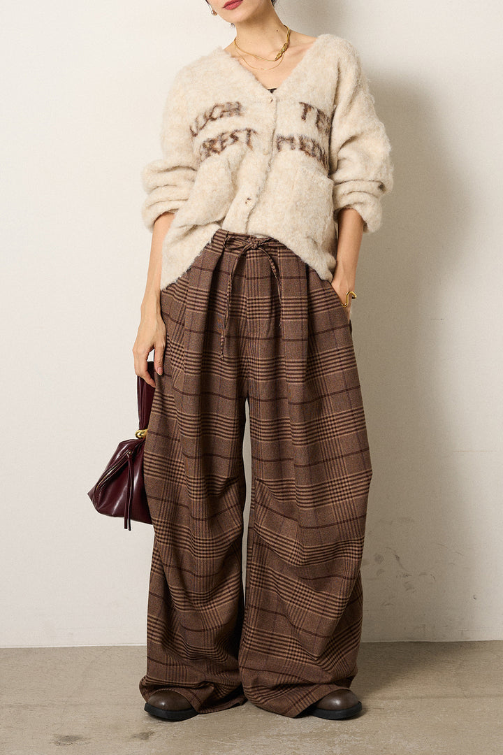 [SET]ウール混透かしロゴニットカーディガン+グレンチェックルーズタックパンツ(2set)