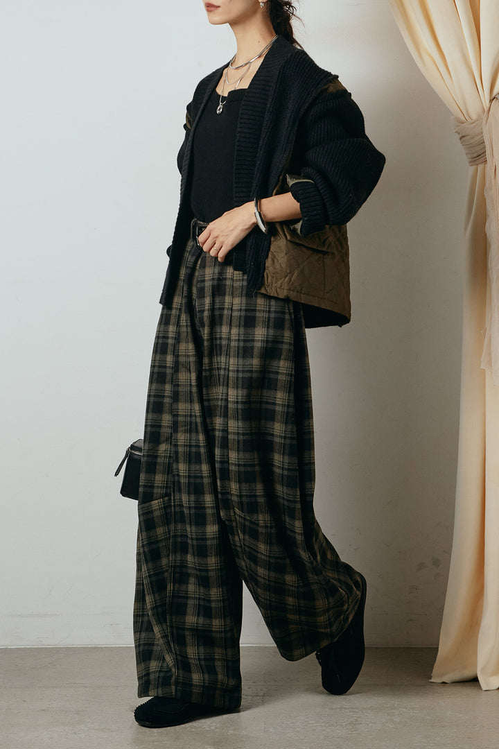 [SET]キルティング切り替えニットカーディガン+ベルト付きタータンチェックカーブワイドパンツ(2set)