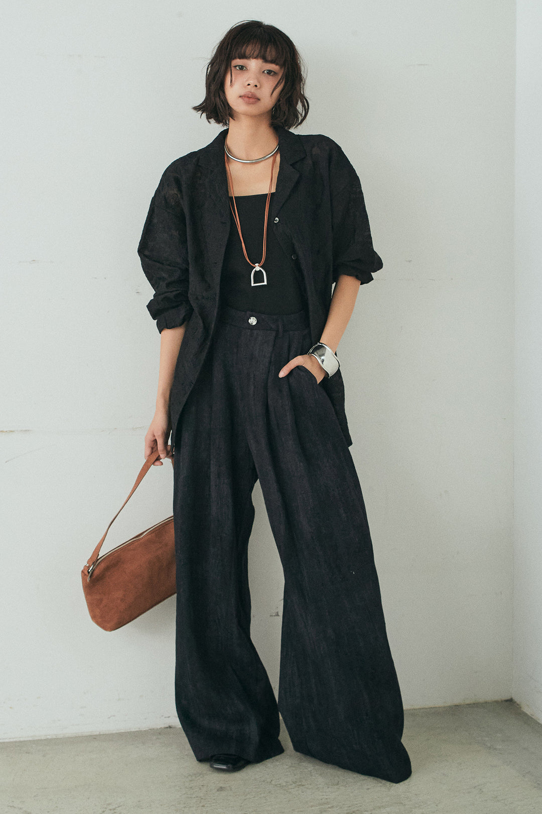 [SET]刺繍シアーオープンカラーシャツ+リネン混かすれ柄ワイドパンツ(2set)