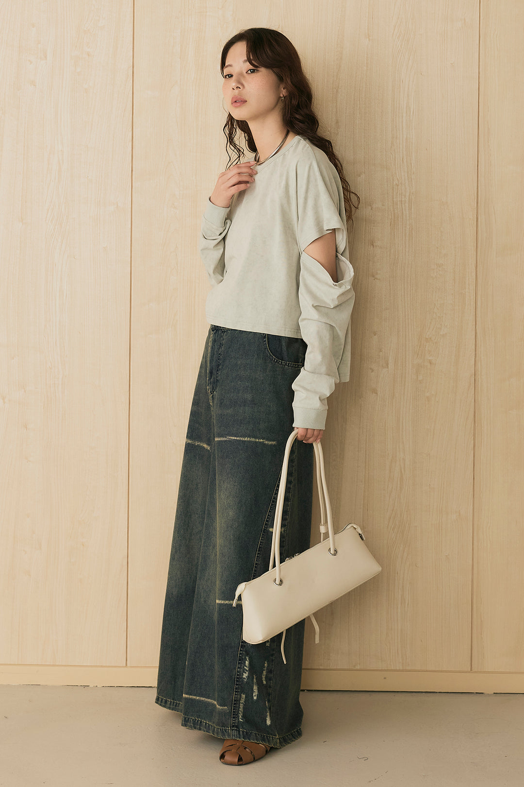 [SET]セパレートフェードTシャツ+ランダムダメージデニムワイドパンツ(2set)