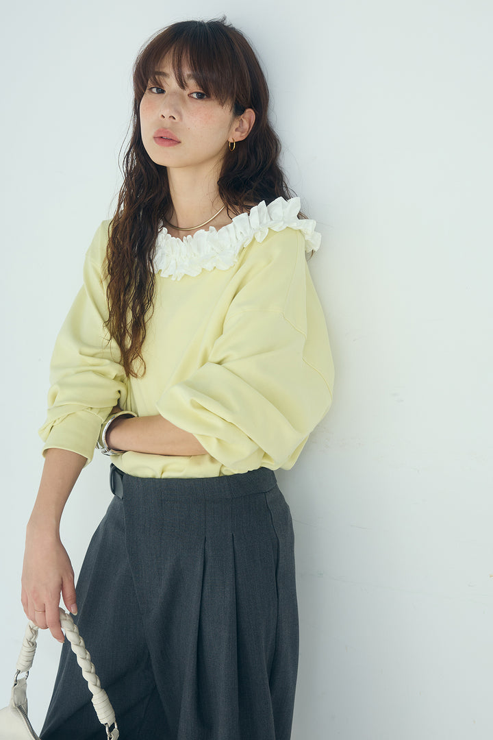 [SET]ネックギャザーフリルスウェット+サイドベルトタック入りスラックス(2set)