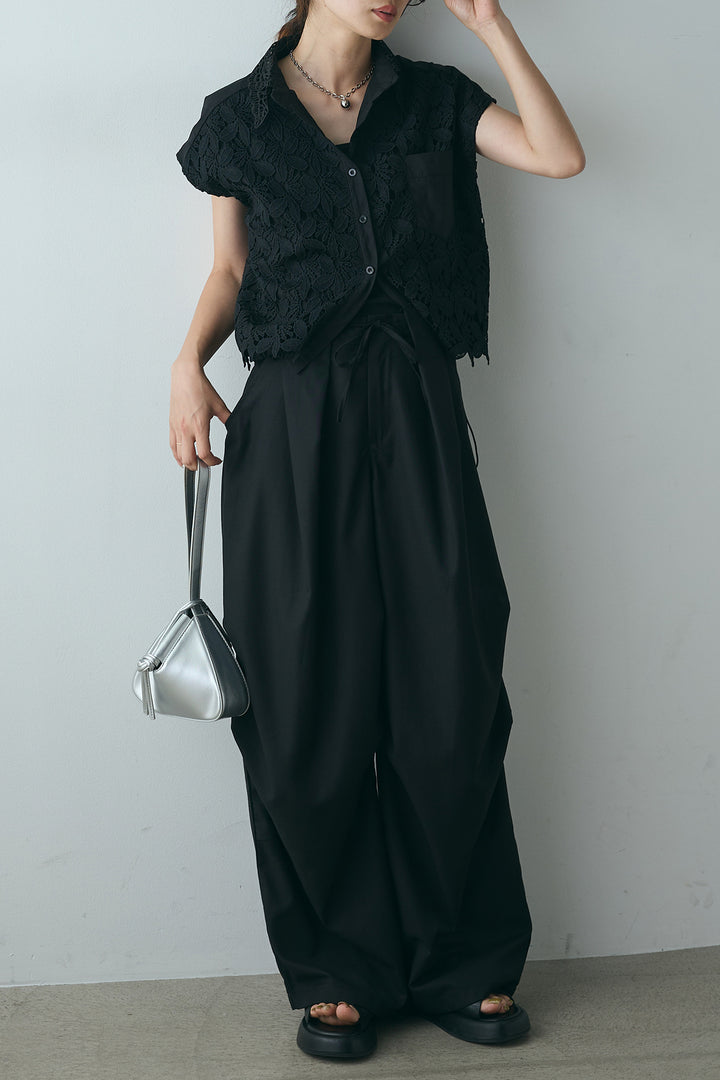 [SET]ノースリーブレース刺繍シャツ+デザインタックパンツ(2set)