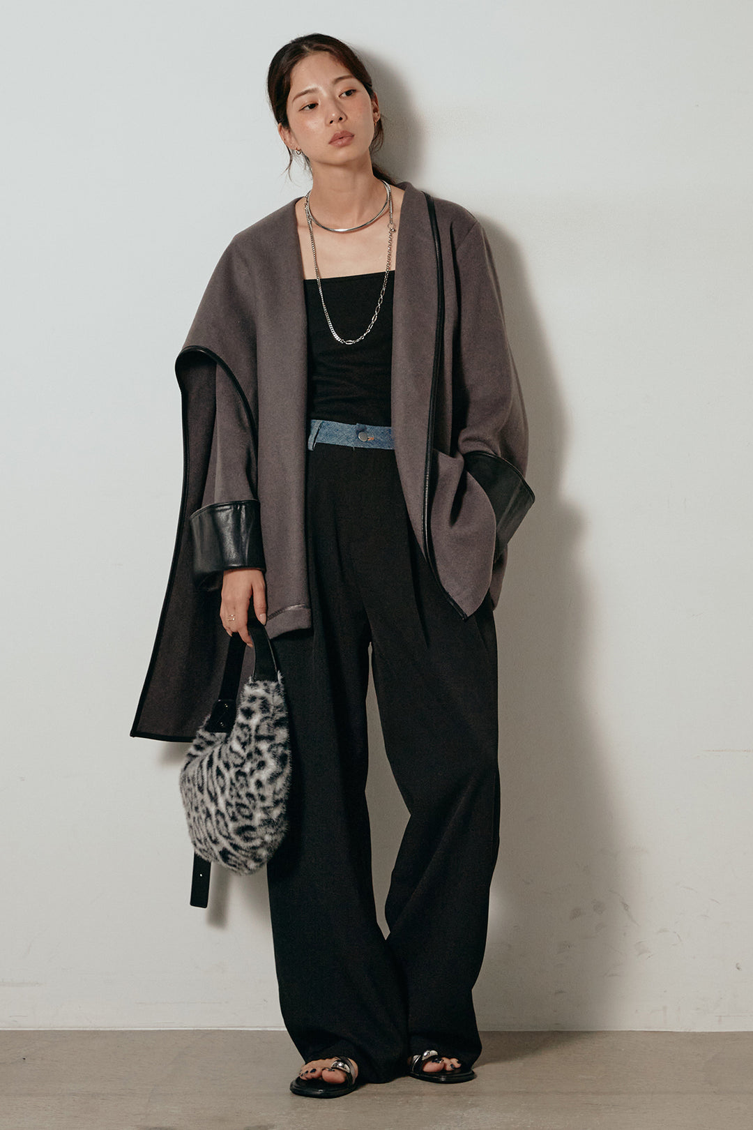 [SET]ネック巻き配色デザインアウター+ウエスト配色タックワイドパンツ(2set)