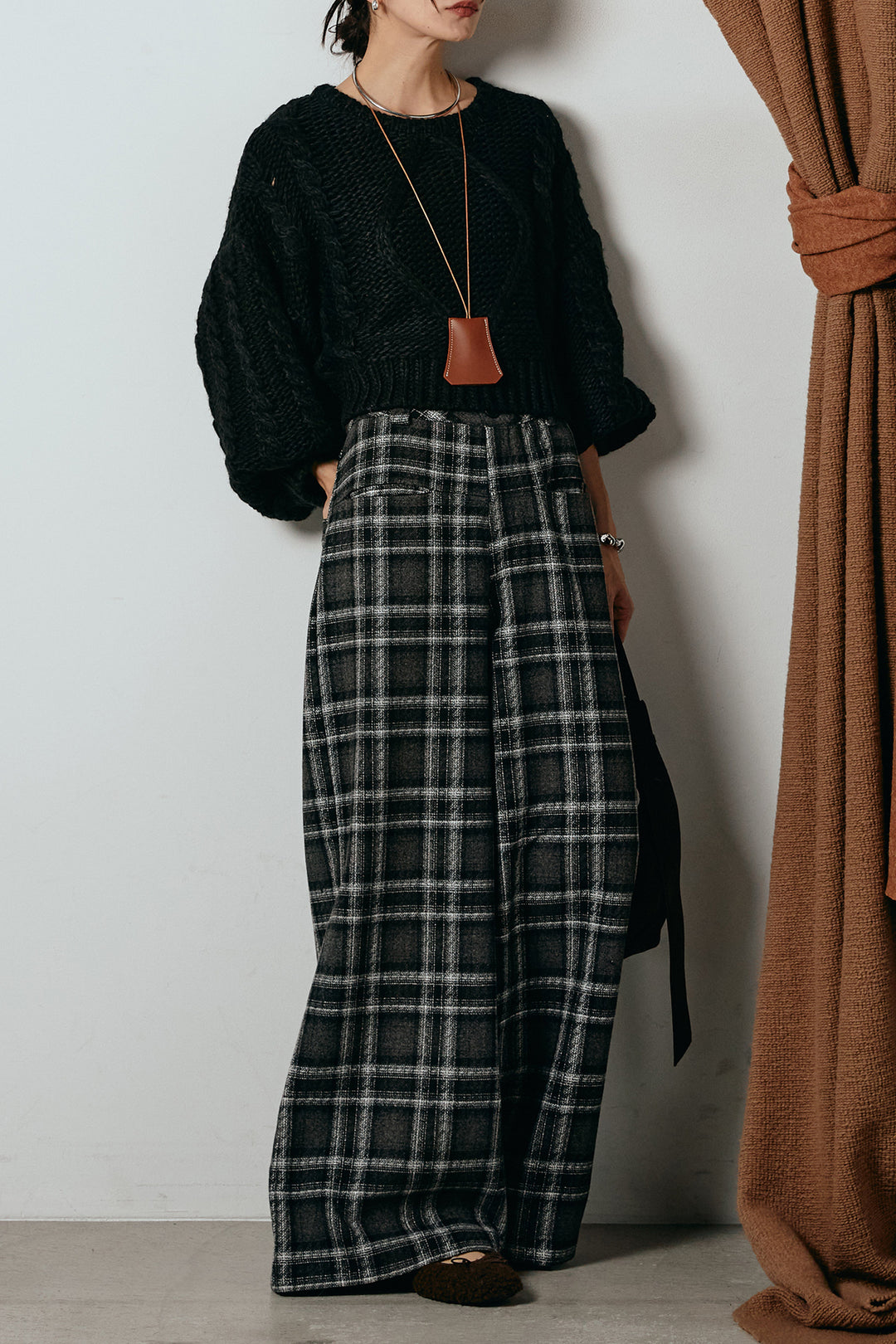 [SET]ロービングケーブルショート丈プルオーバー+ルーズタータンチェックワイドパンツ(2set)