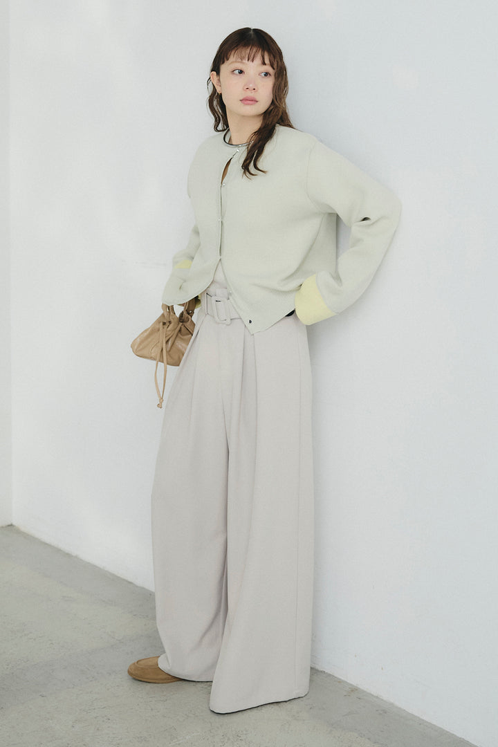 [SET]リバーシブル配色ニットカーディガン+ベルト付きツータックワイドパンツ(2set)