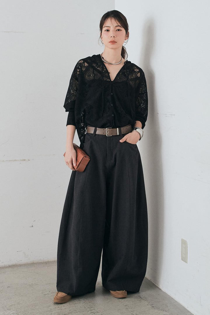 [SET]ブロックレースフード付きブラウス+ベルト付きサイドタックワイドパンツ(2set)