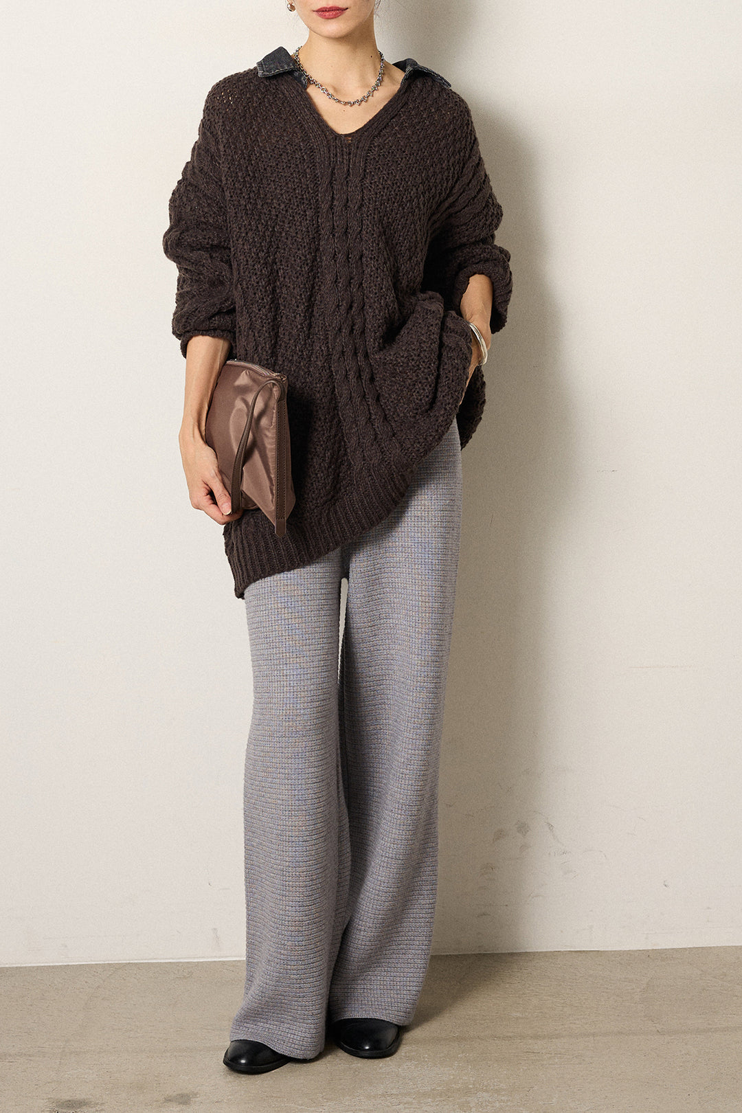 [SET]デニムカラーケーブルオーバーニット+ワイドリブニットイージーパンツ(2set)