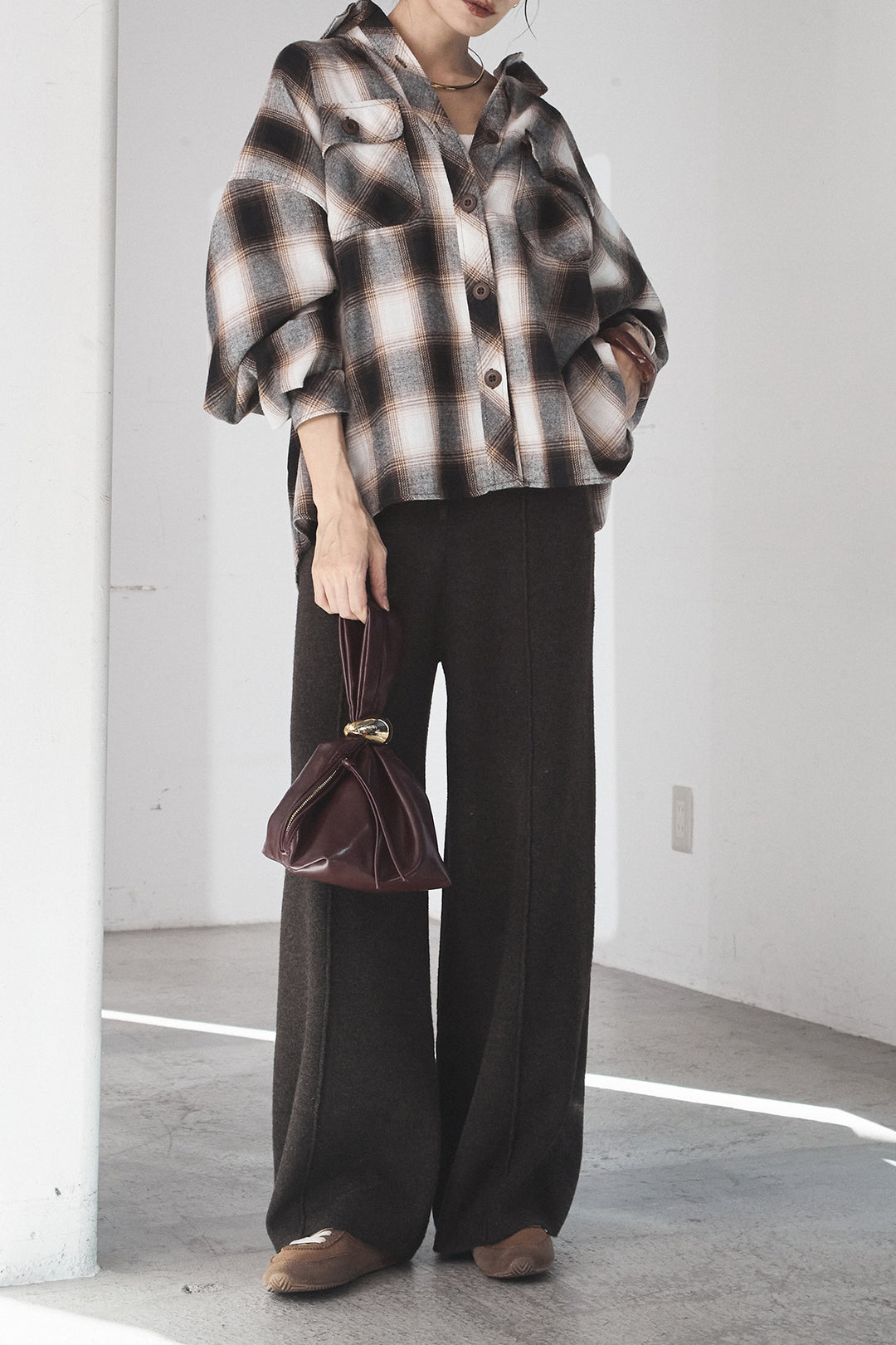 [SET]オンブレーチェックビッグシルエットCPOシャツ+センターラインニットパンツ(2set)