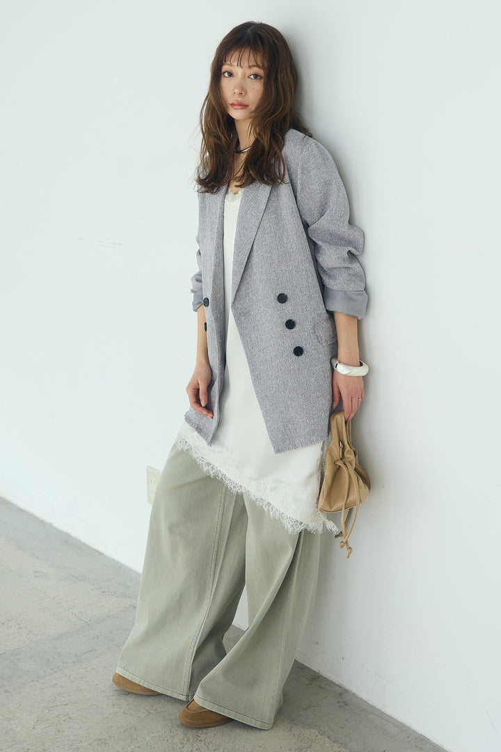 [SET]スラブネップツイードフリンジテーラードジャケット+ウエスト裁ち切りデニムワイドパンツ(2set)