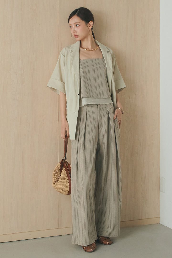 [SET]リネンストライプレイヤードキャミ+リネンストライプタックワイドパンツ(2set)