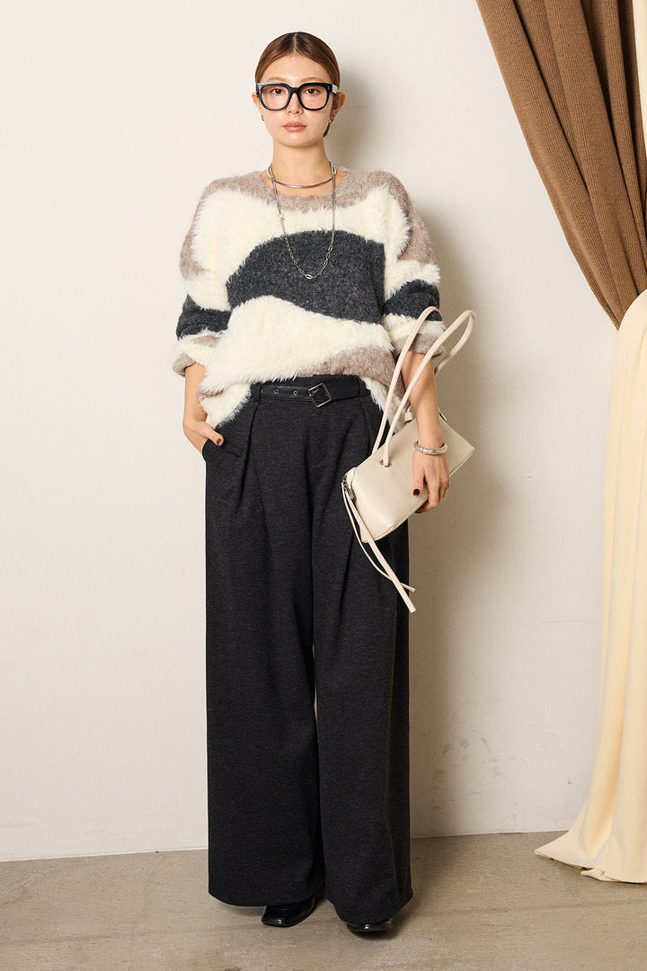 [SET]シャギーウェーブ柄クルーネックニットトップス+細ベルト付き起毛タックワイドパンツ(2set)