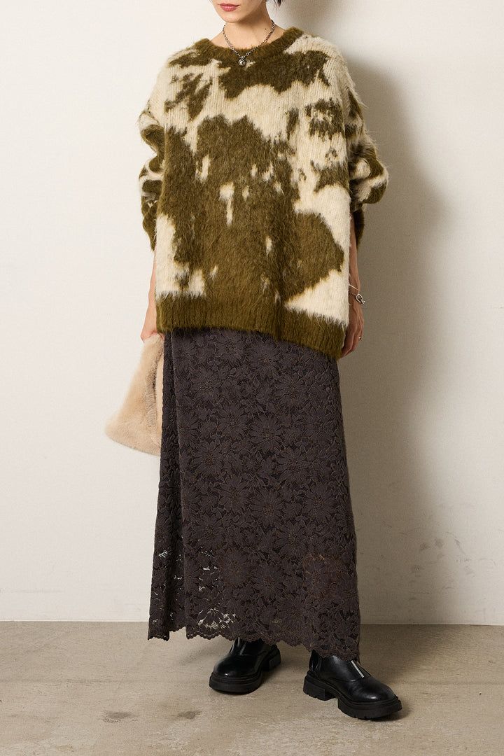 [SET]モヘアタッチマーブルニット+花柄刺繍ベロアフレアスカート(2set)