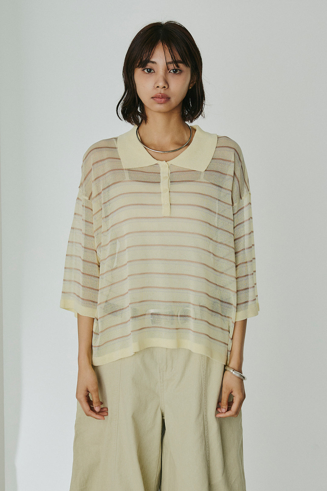 [SET]ボーダーニットポロシャツ+ニーサイドタックウエストドロスパンツ(2set)