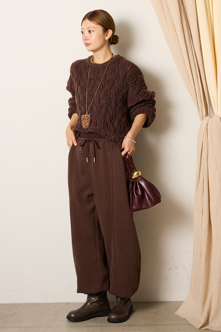 [SET]ケーブルリラックスショートニット+スウェットワイドカーブパンツ(2set)