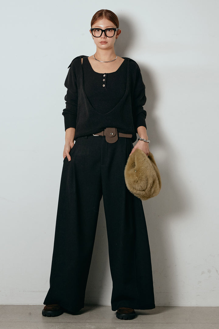 [SET]襟付きレイヤードニットトップス+ポーチベルト付きカーブパンツ(2set)