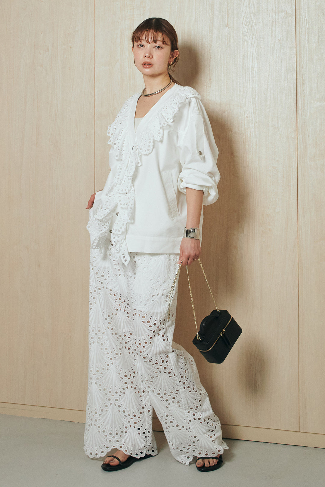 [SET]レースフリルドッキングアウター+レース刺繍リラックスパンツ(2set)