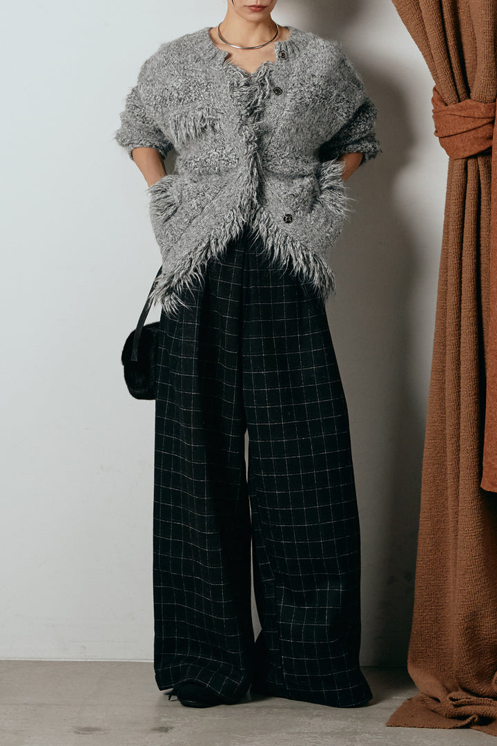 [SET]フリンジニットカーディガン+ウールライクチェックタックパンツ(2set)