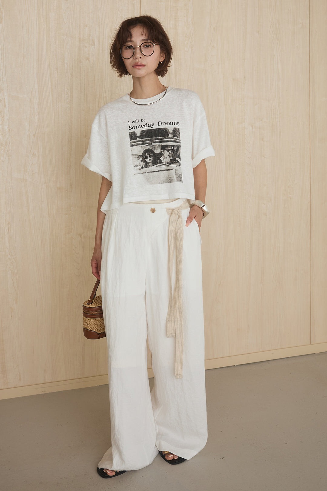 [SET]グラフィックサムデイワイドクロップドT+異素材ベルト付きラップ風ニュアンスワイドパンツ(2set)