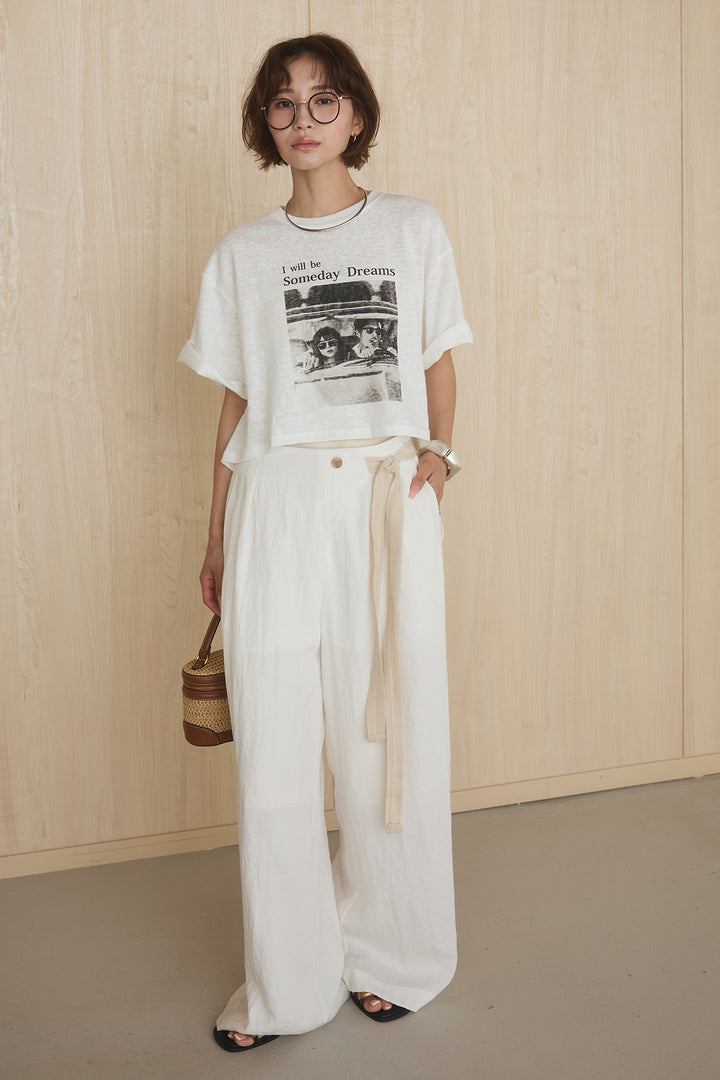 [SET]グラフィックサムデイワイドクロップドT+異素材ベルト付きラップ風ニュアンスワイドパンツ(2set)