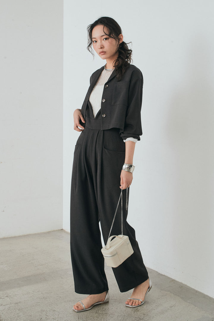 [SET]バックジップデザインショートツイルジャケット+キャミロングオールインワン+ストレッチレースクルーネックインナー(3set)