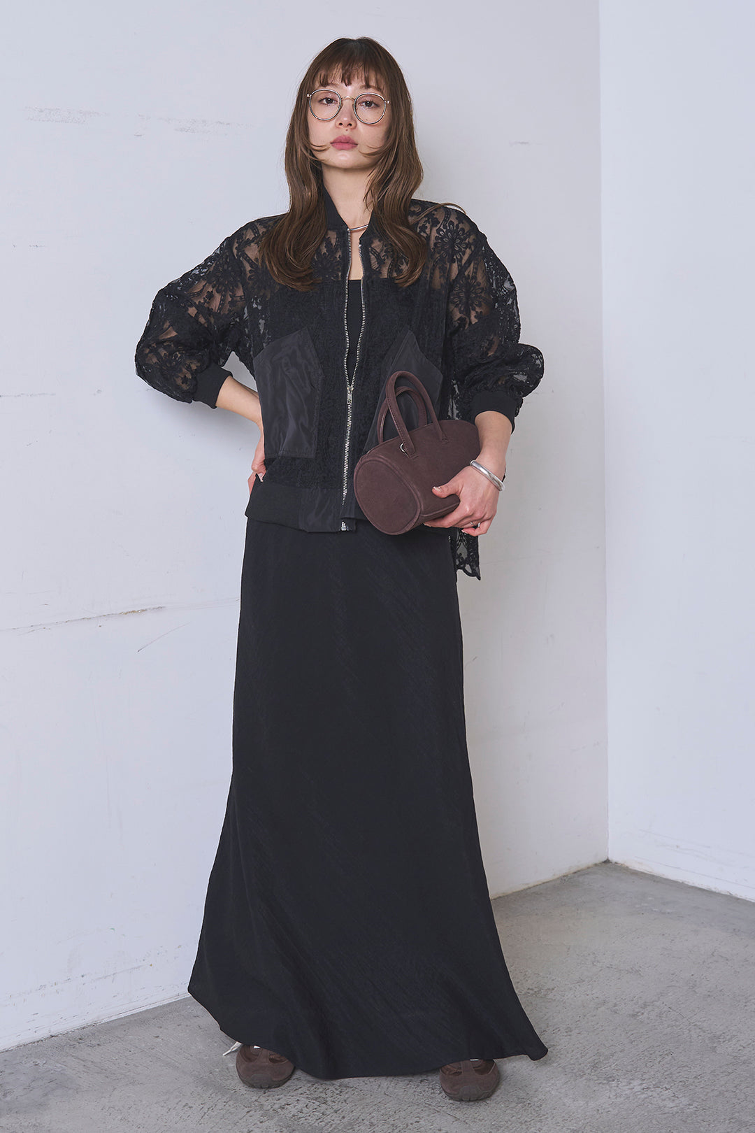 [SET]ノーカラーレースブルゾン+リネンブレンドロングナロースカート(2set)