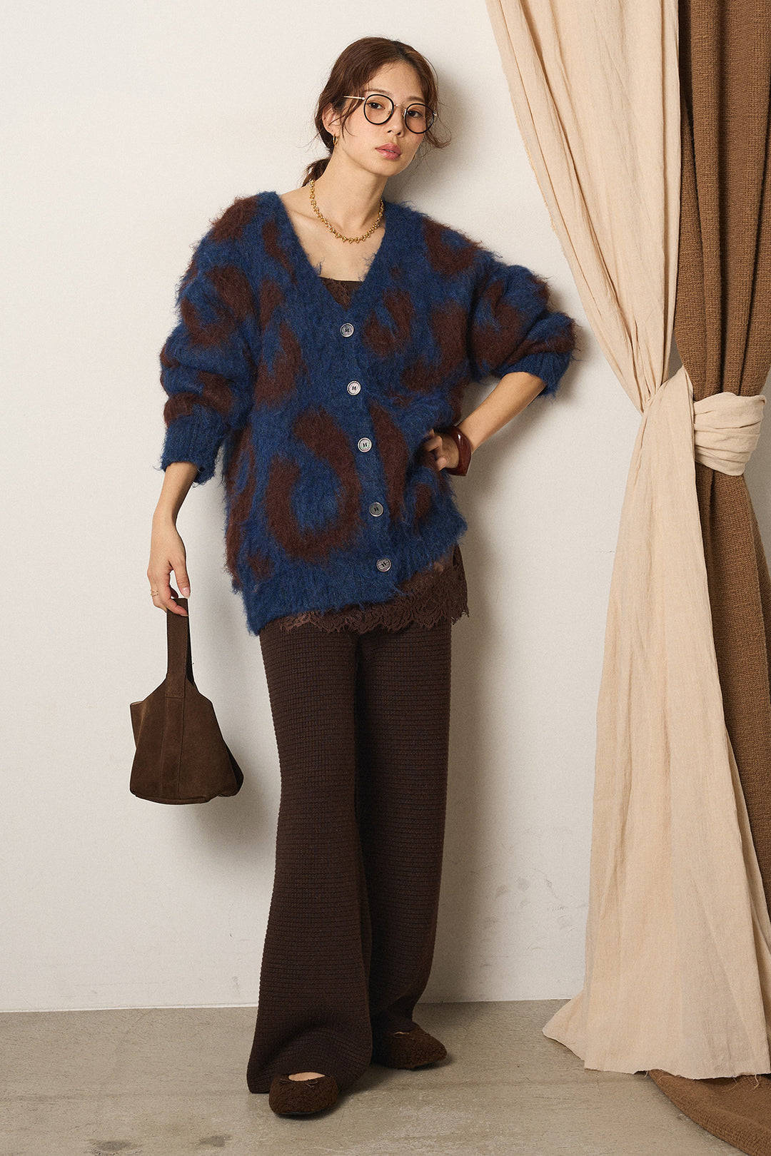 [SET]レオパードシャギータッチカーディガン+ワイドリブニットイージーパンツ(2set)