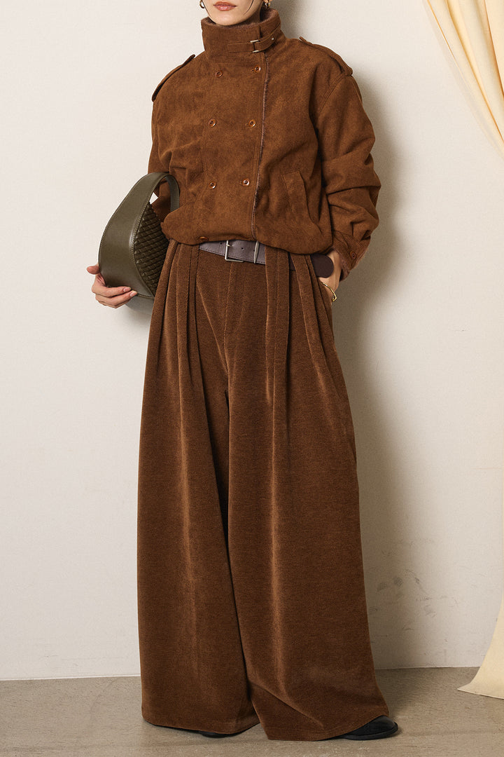 [SET]スタンド襟スウェードライクアウター+ベルトループコーデュロイワイドパンツ(2set)