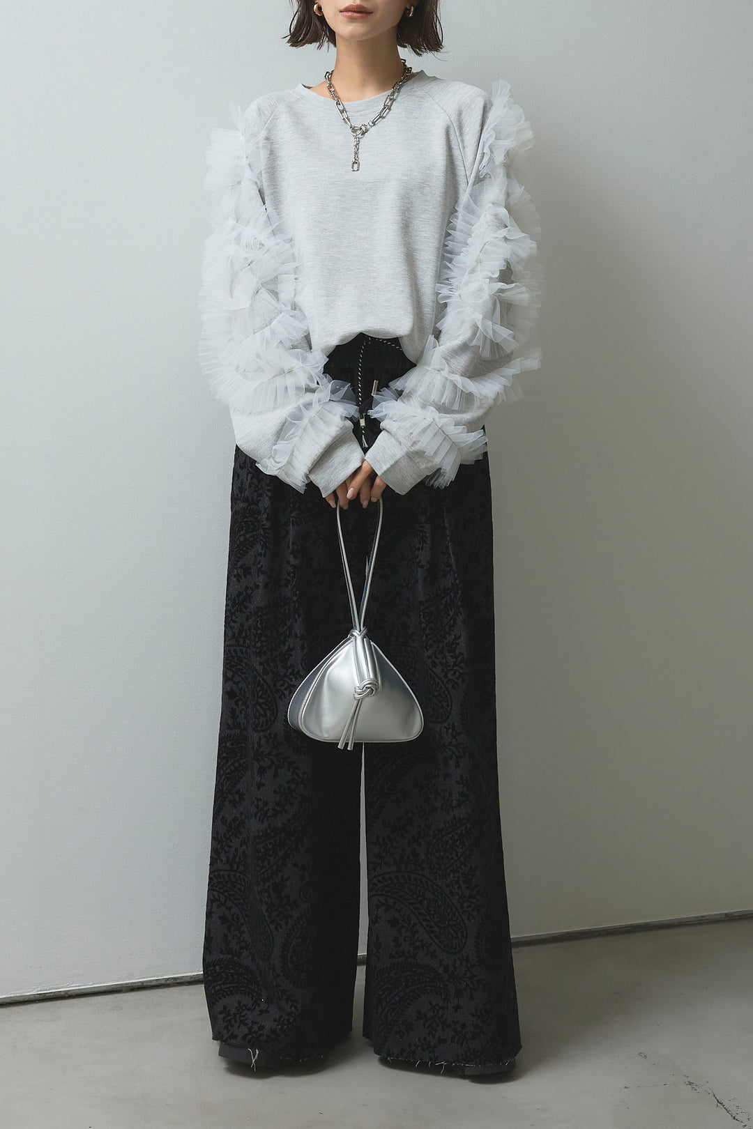 SET]チュールフリルプルオーバー+オリエンタル柄ジャガードデニム 