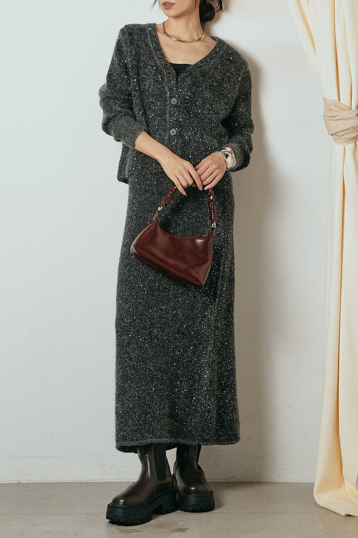 [SET]ミニラメニットカーディガン+ミニラメニットスカート(2set)