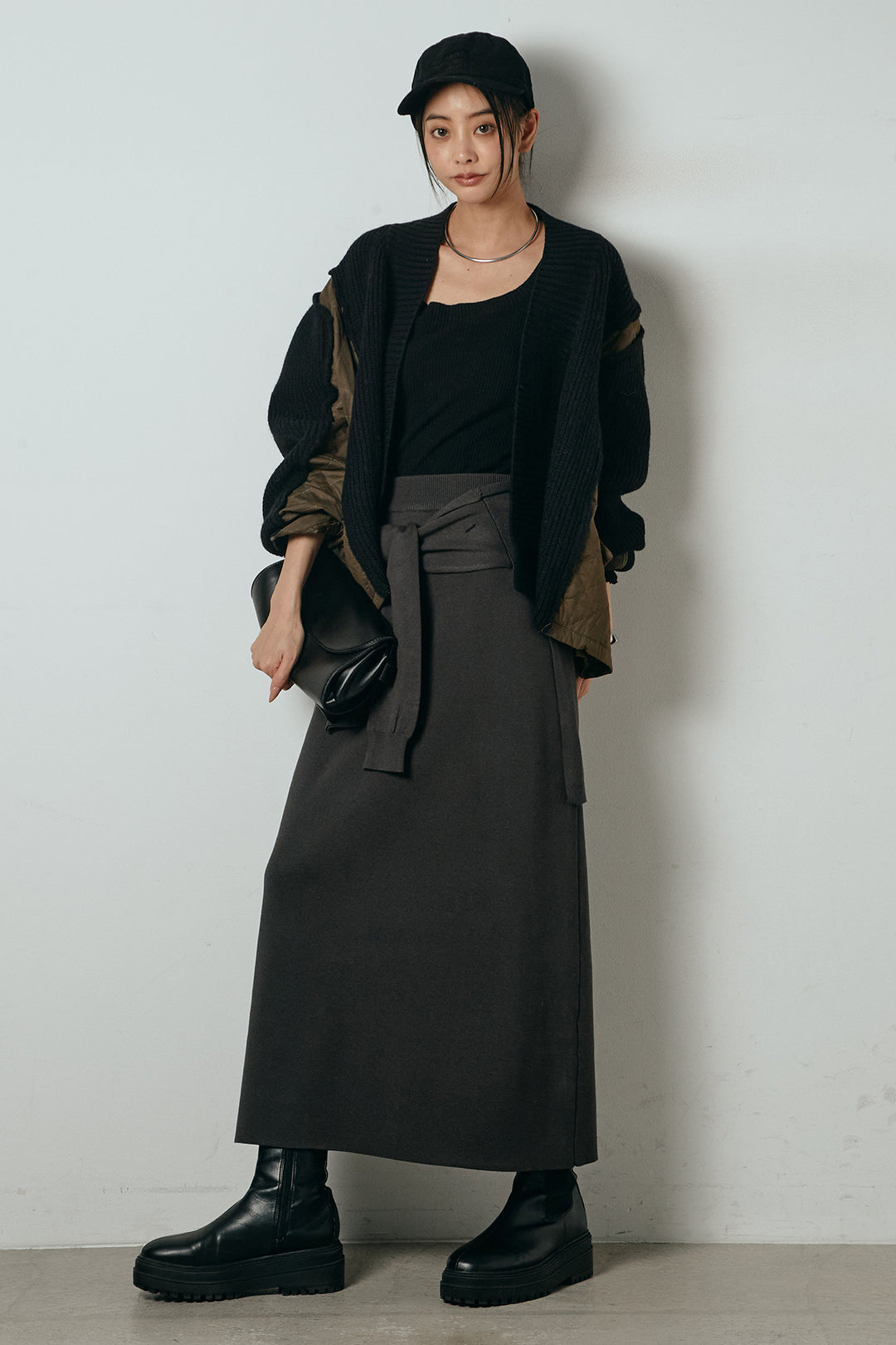 [SET]キルティング切り替えニットカーディガン+ウエストラップ巻きニットスカート(2set)