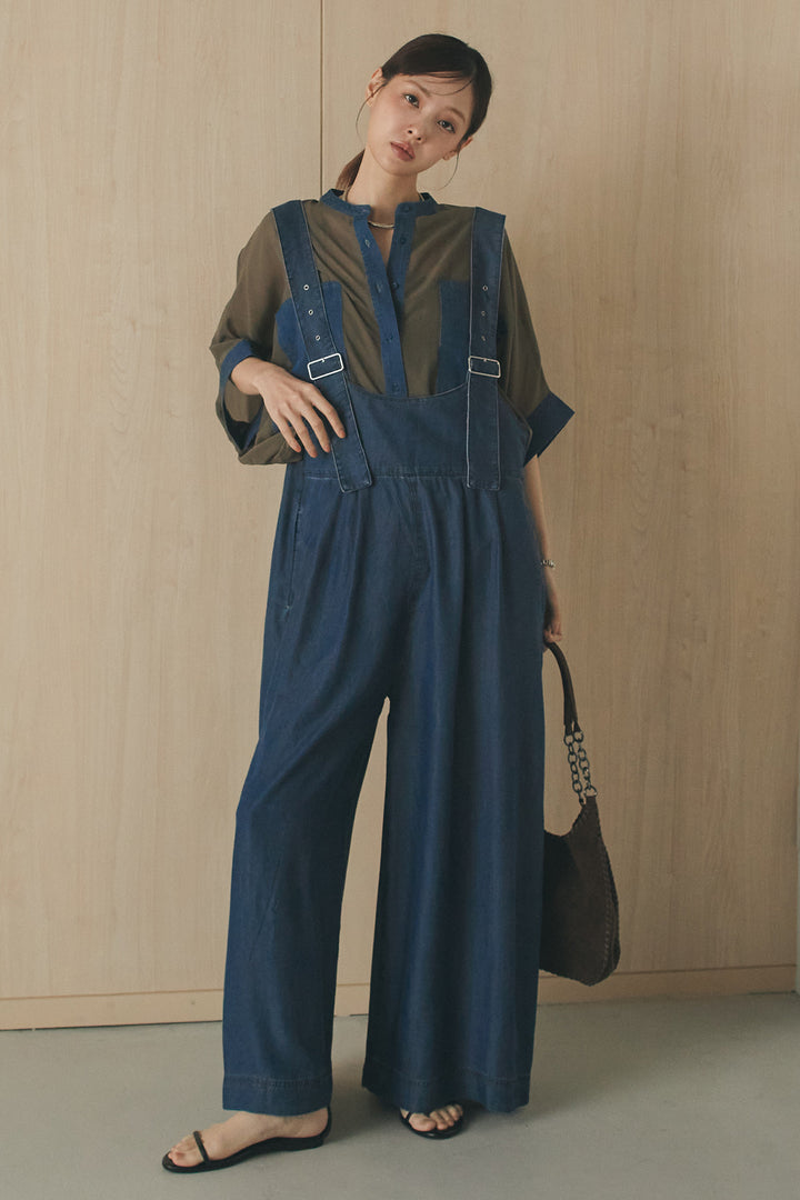 [SET]デニムライクビッグツーポケシアーシャツ+前後2WAYテンセルデニムサロペット(2set)