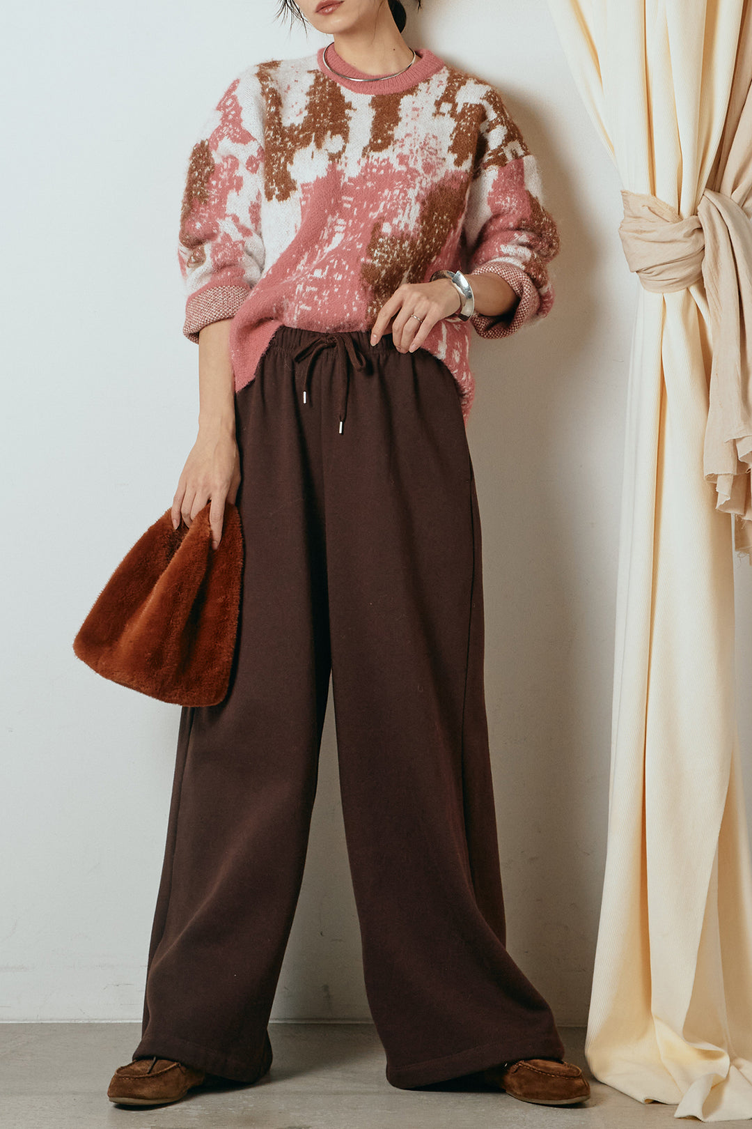 [SET]起毛ニュアンス柄ニットプルオーバー+裏起毛スウェットワイドパンツ(2set)
