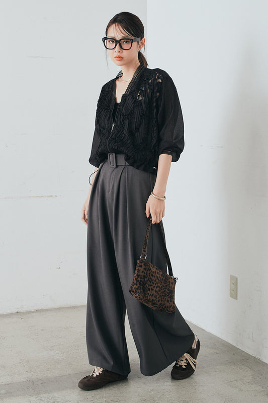 【着回しセット】[SET]モチーフ付きシアーブルゾン+ベルト付きツータックワイドパンツ+モチーフ付きシアーブルゾン(3set)