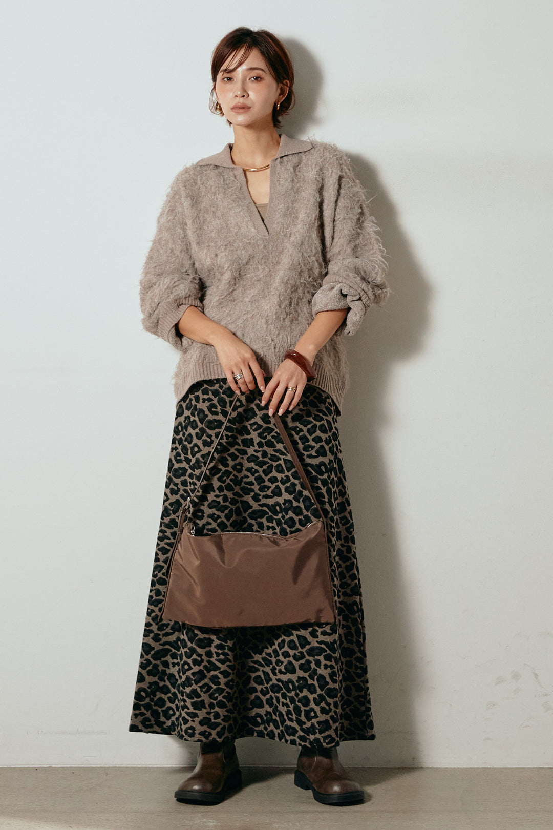 [SET]襟付きシャギーニットポロトップス+レオパードロングスカート(2set)