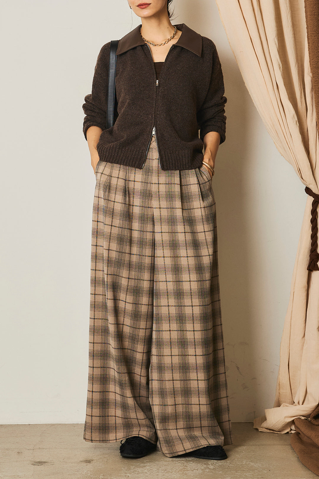 [SET]杢ストレッチフェイクレザー衿ニットブルゾン+タック入りタータンチェックワイドパンツ(2set)