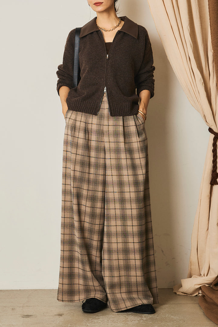[SET]杢ストレッチフェイクレザー衿ニットブルゾン+タック入りタータンチェックワイドパンツ(2set)