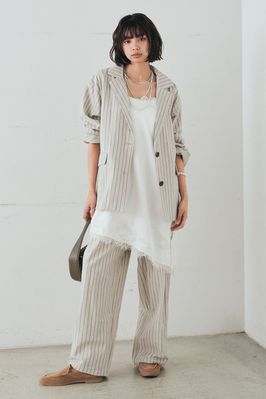 [SET]リネンライクストライプテーラードジャケット+リネンライクストライプタックイージーパンツ(2set)