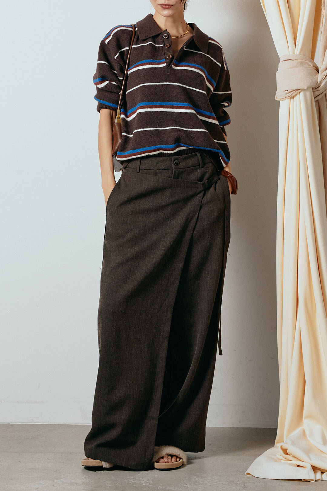 [SET]襟付きマルチボーダーニットポロトップス+ラップ巻きワイドスラックス(2set)